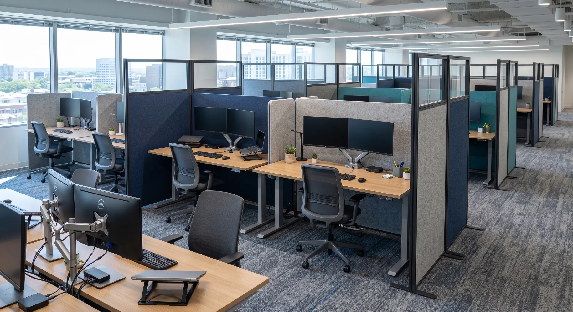 Floor-standing partition screens dividing an open-plan office